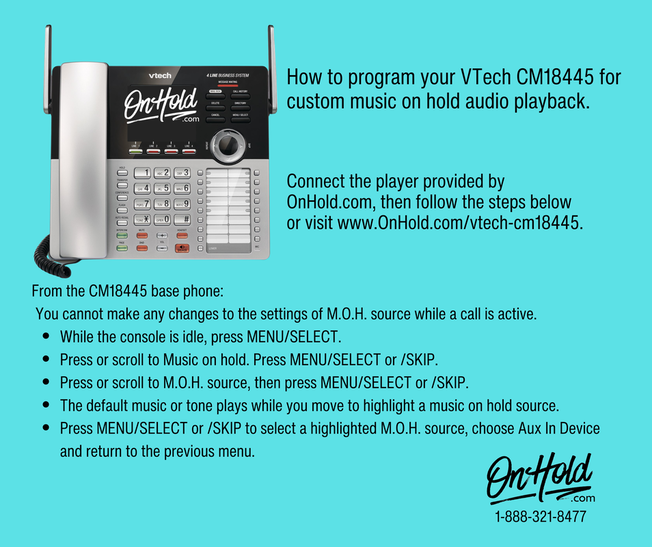 How to connect an on hold player and program your VTech CM18445 for custom music on hold audio playback.